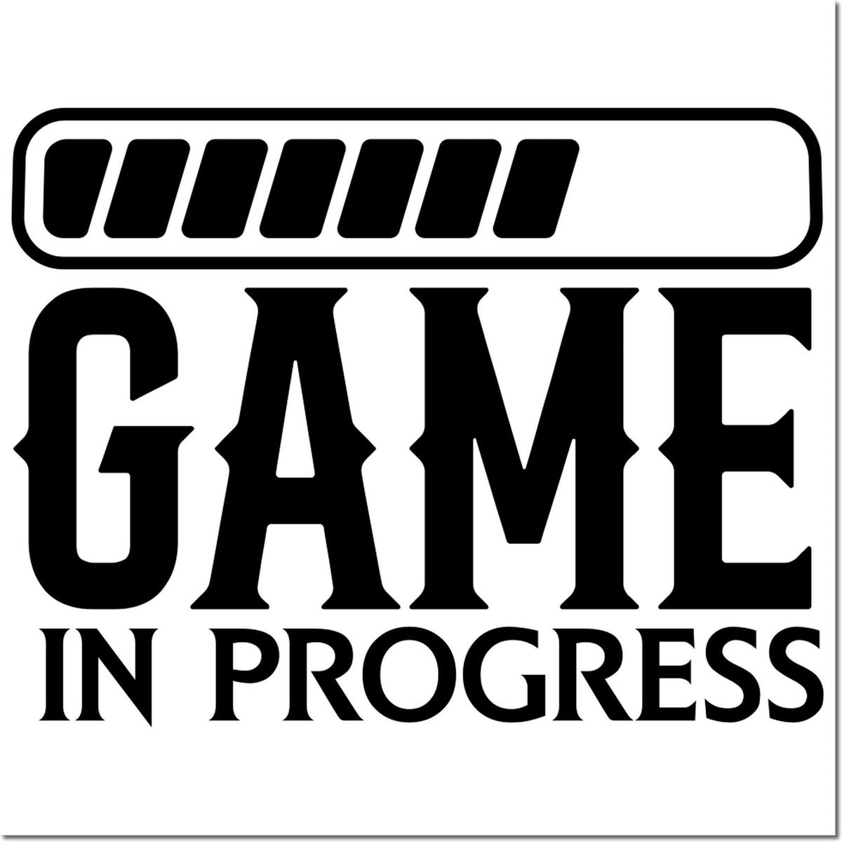 Black GAME IN PROGRESS stamp seal with progress bar icon on white background.