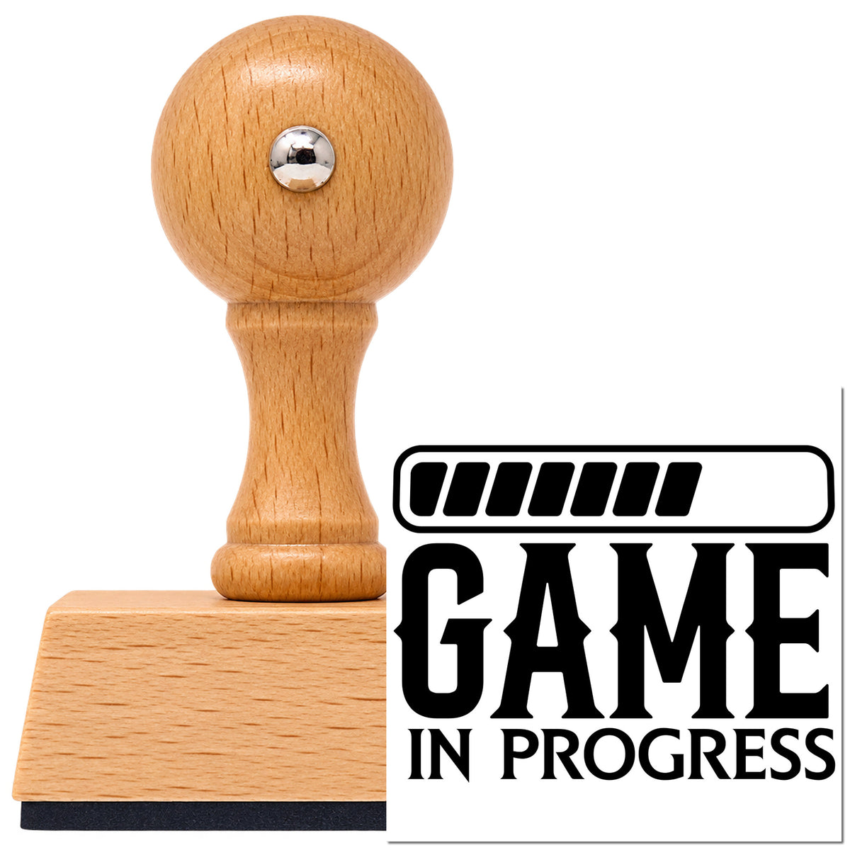 Vintage Pro beech wood stamp with a round knob handle, shown with its black Game In Progress Loading imprint on white.