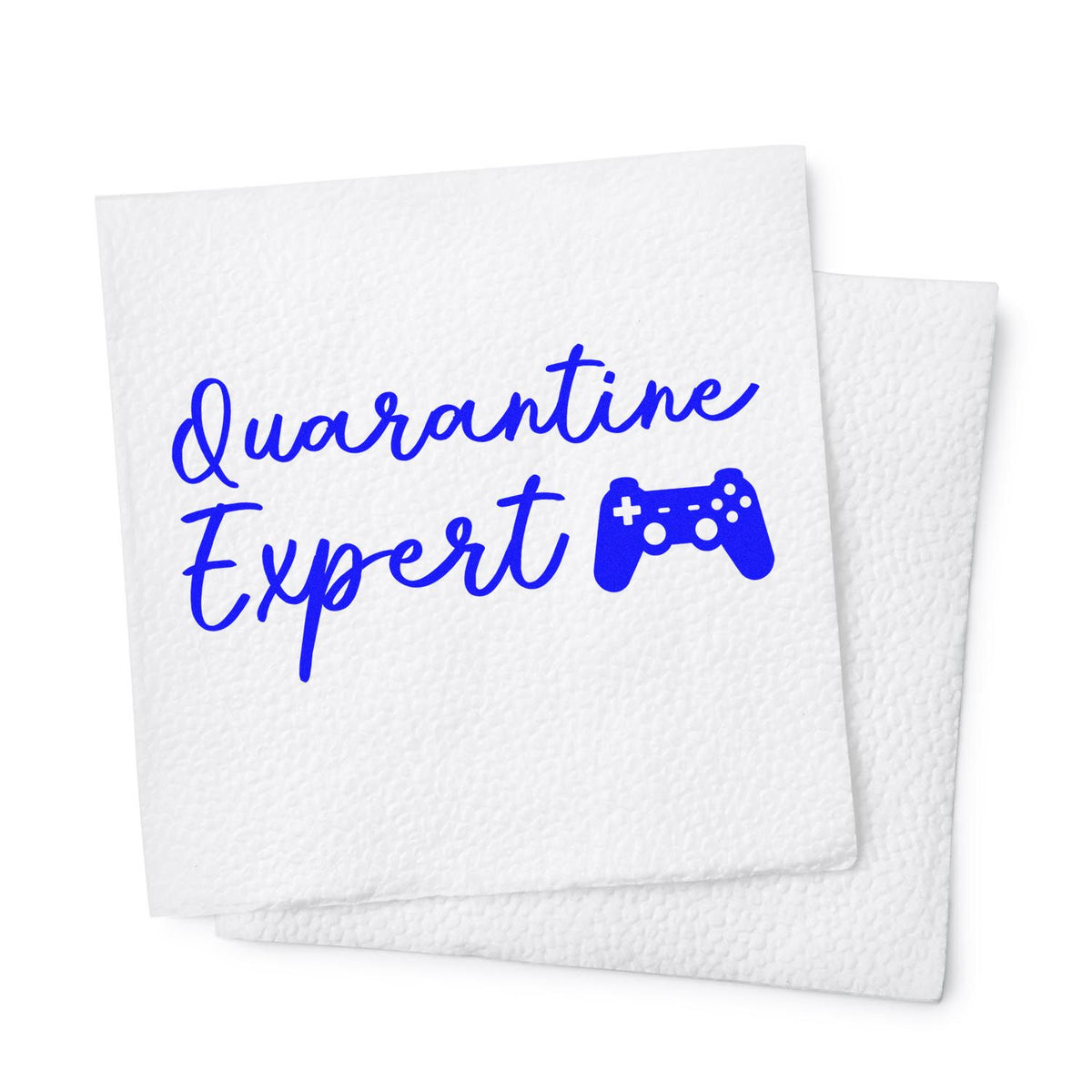 White textured stamp and seal sheets with blue Quarantine Expert text and a blue game controller icon.