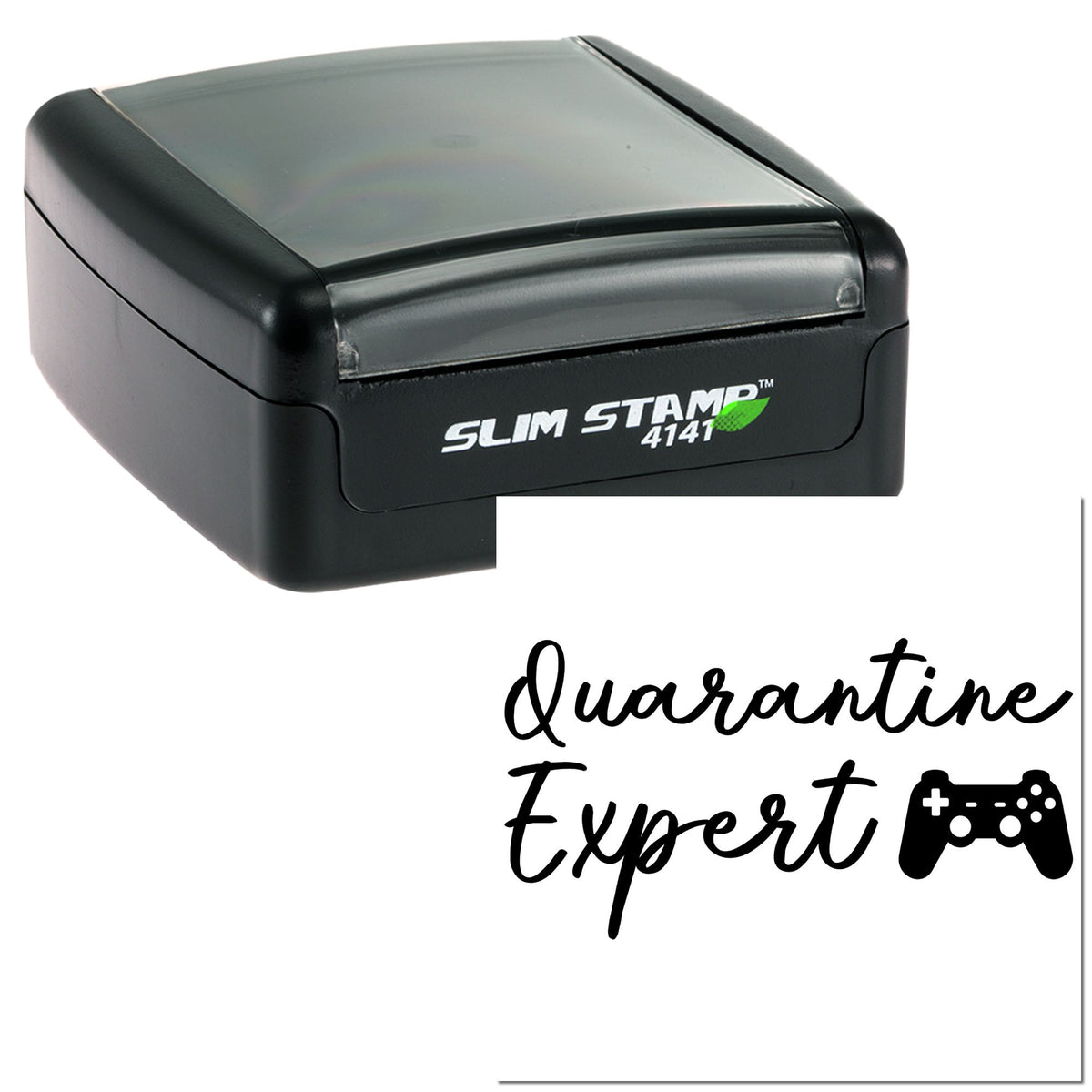Black Slim Stamp 4141 self-inking stamp with translucent gray lid and white warranty expert seal graphic.