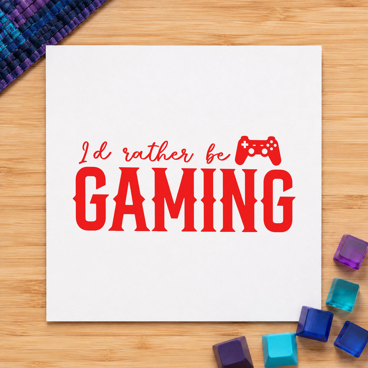 Rather Be Gaming Controller rubber stamp shown in red ink, stamped for projects such as drawer snack labels.