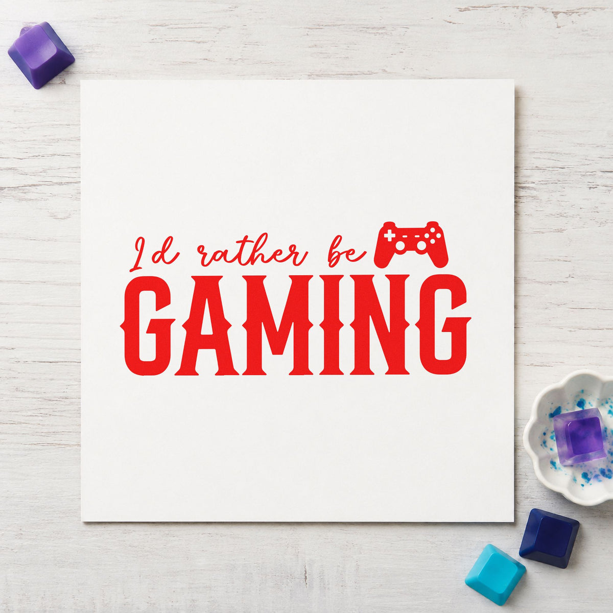 Rather Be Gaming Controller craft stamp imprint in red ink on a handmade project, one idea being lunch game cards.