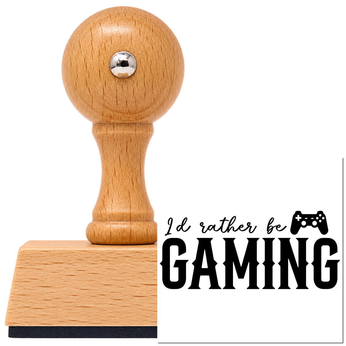 Vintage Pro beech wood stamp with a round knob handle, shown with its black Rather Be Gaming Controller imprint on white.
