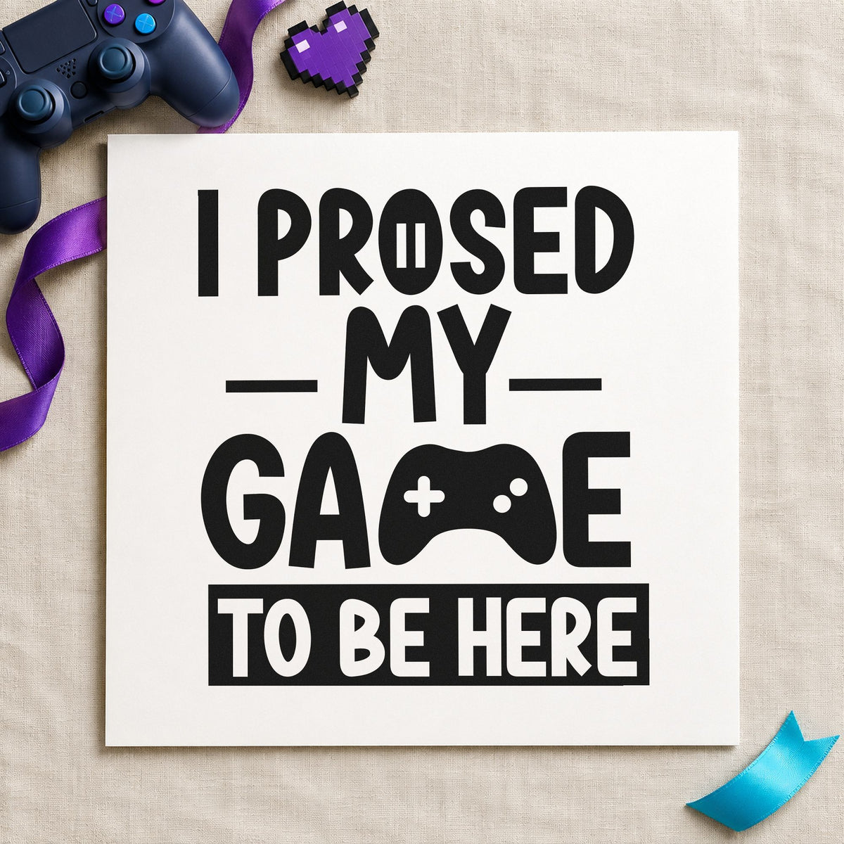 Gaming To Be Here craft stamp in black ink on cardstock, an easy option for event album page.