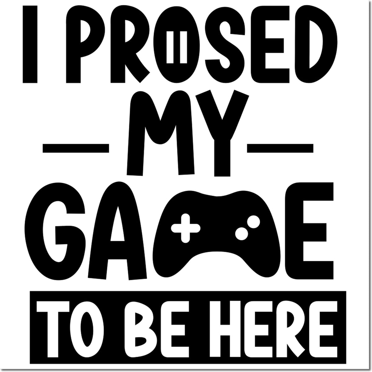 Black stamp-style seal with bold slogan text and a game controller icon on a white background.