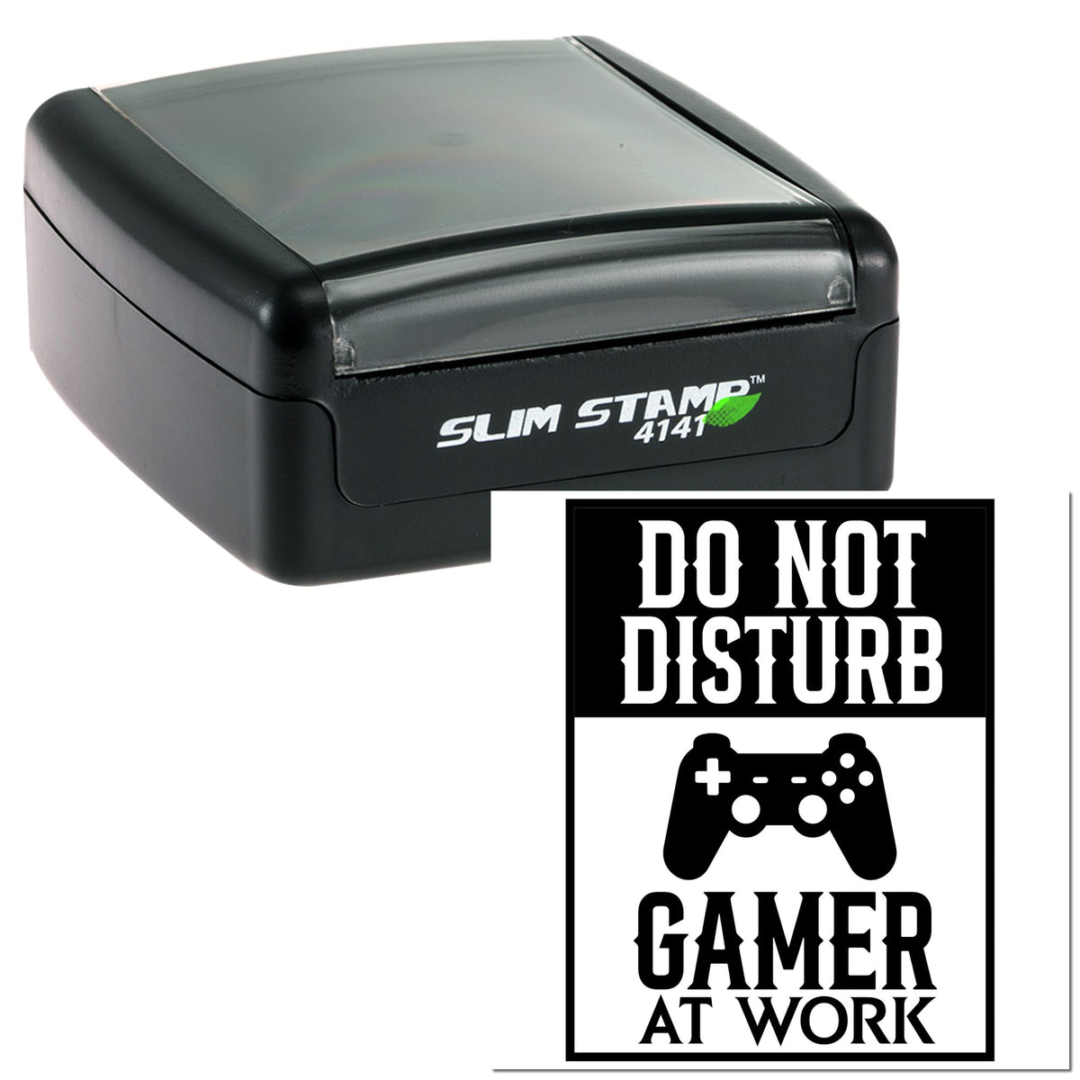 Black Slim Stamp 4141 self-inking stamp with Do Not Disturb Gamer at Work seal and game controller icon.