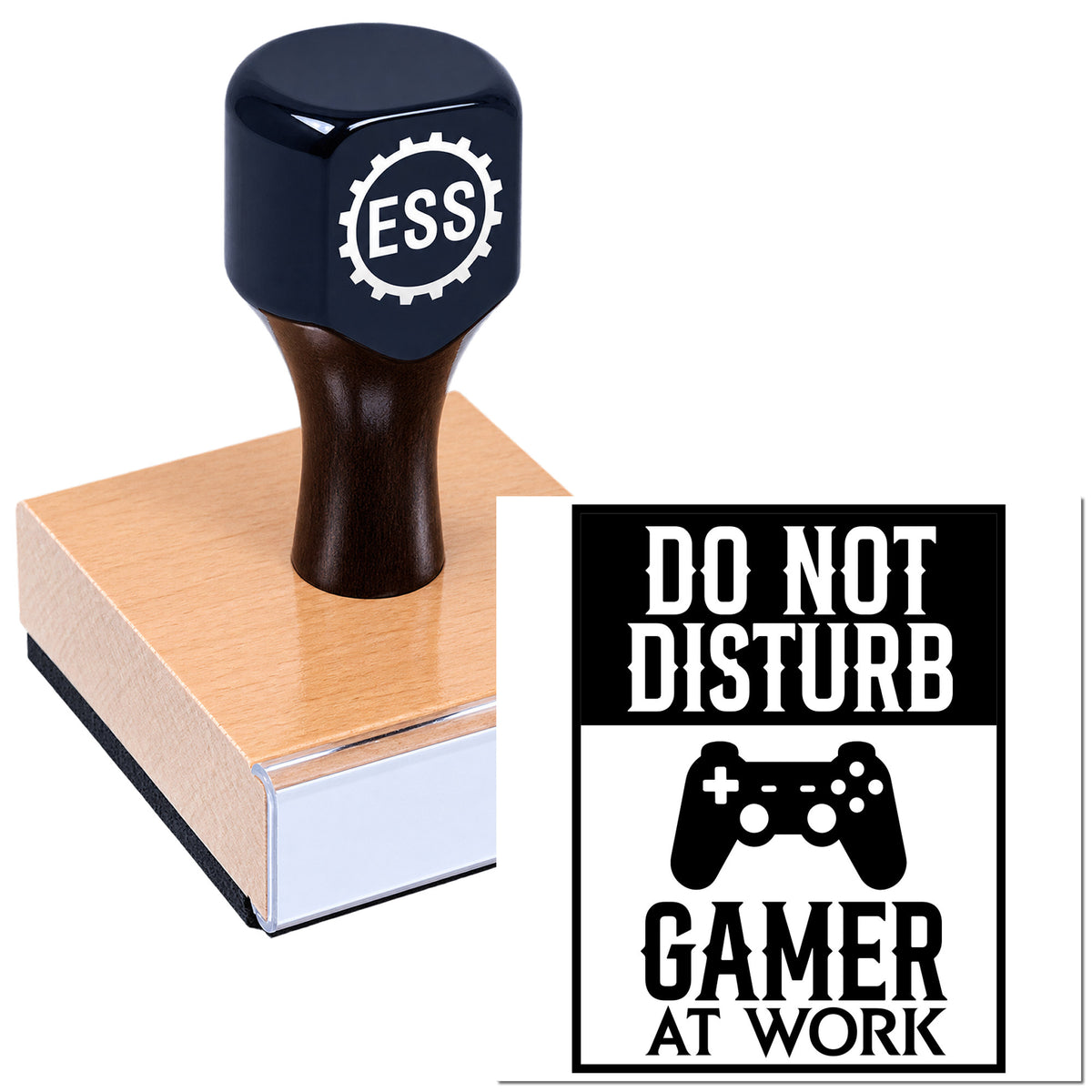 Black ESS rubber stamp on a pink seal block beside a bold black-and-white "Do Not Disturb Gamer at Work" seal design.