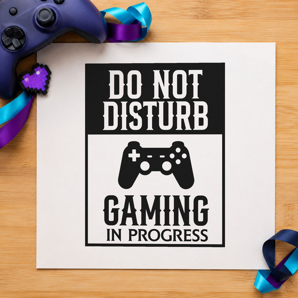 Do Not Disturb Gaming craft stamp in black ink on cardstock, an easy option for shared flat album page.