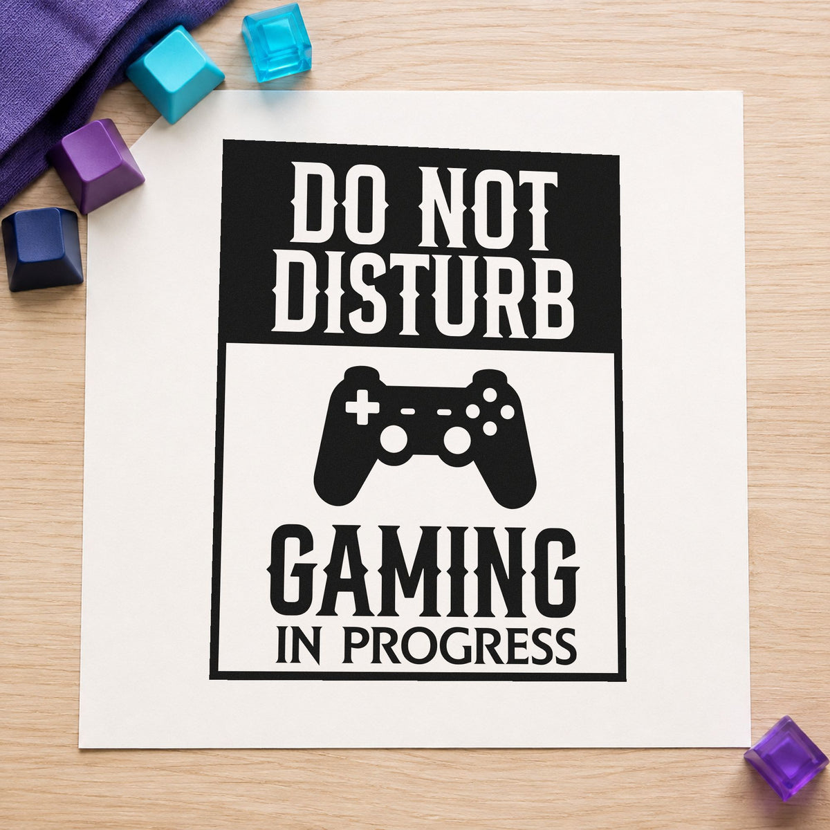 Do Not Disturb Gaming craft stamp imprint in black ink on a handmade project, one idea being borrowed gift tags.