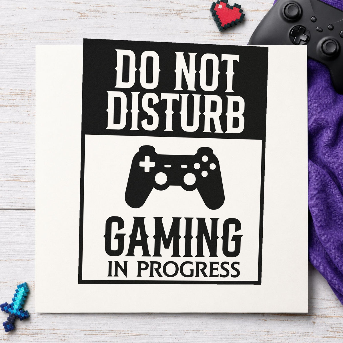Do Not Disturb Gaming rubber stamp printed in black ink, ready for quiet hour sheet and similar paper crafts.