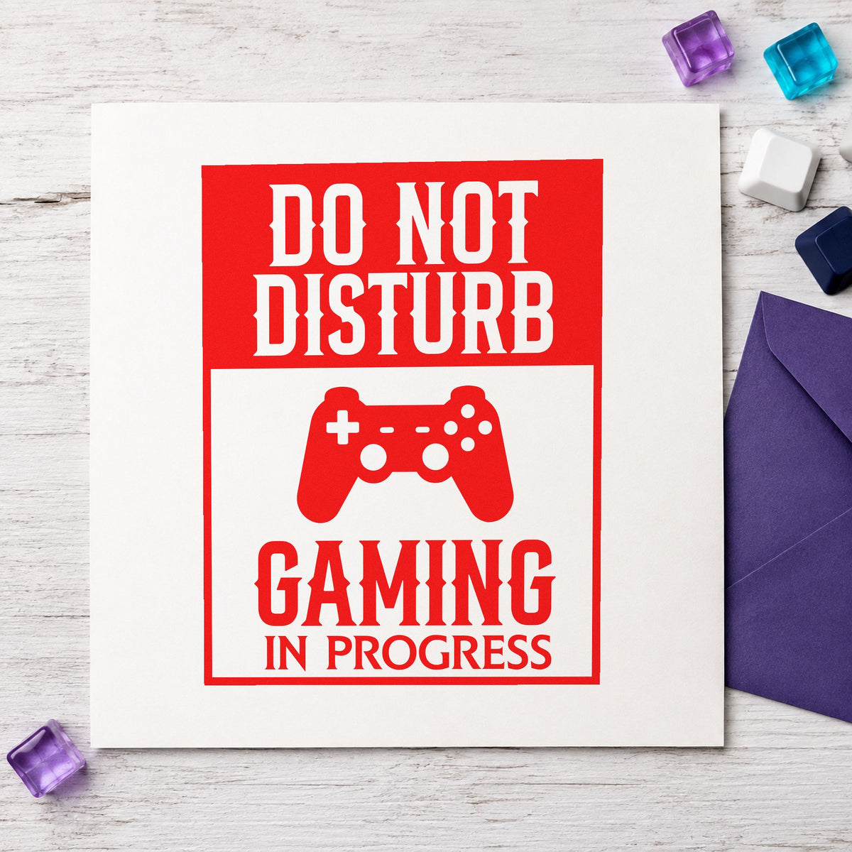 Do Not Disturb Gaming rubber stamp shown in red ink, stamped for projects such as shelf food labels.