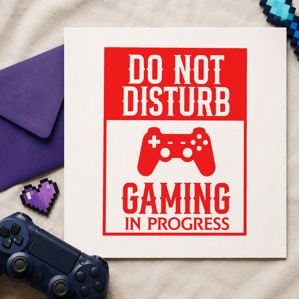 Do Not Disturb Gaming craft stamp imprint in red ink on a handmade project, one idea being house rule cards.