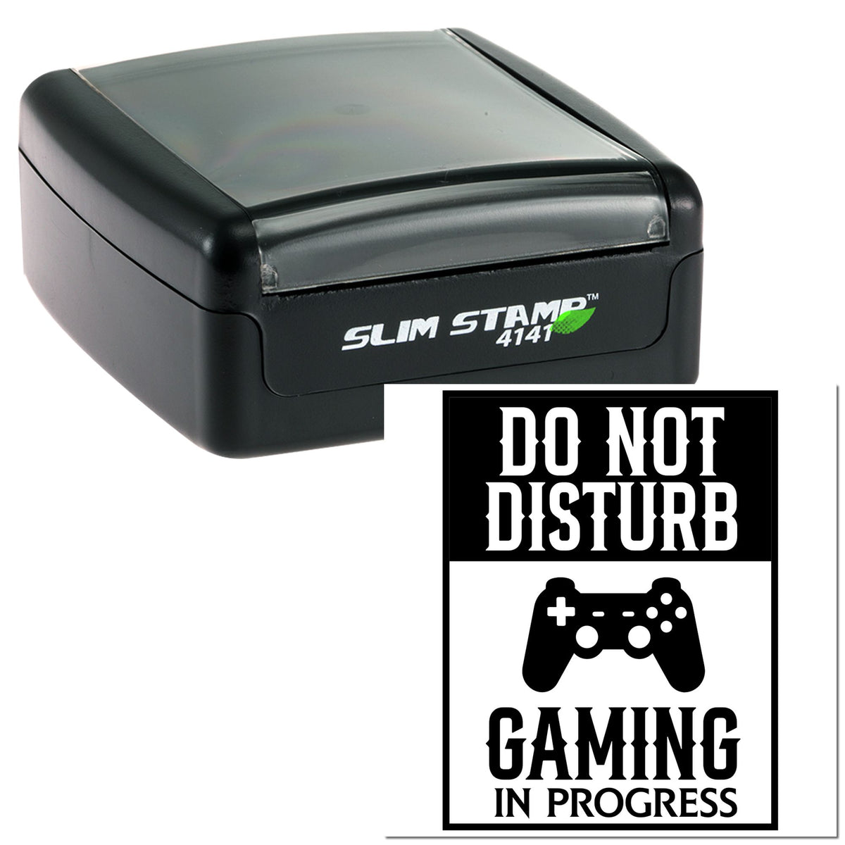 Black slim self-inking stamp and seal with white Do Not Disturb Gaming in Progress design and game controller icon.