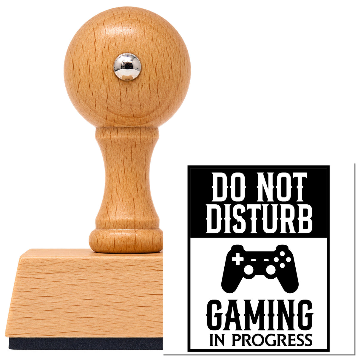 Vintage Pro beech wood stamp with a round knob handle, shown with its black Do Not Disturb Gaming imprint on white.