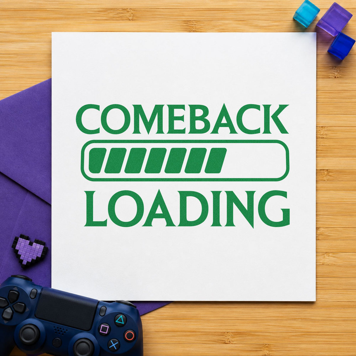 Comeback Loading Progress Bar craft stamp in green ink on cardstock, an easy option for ranked album page.