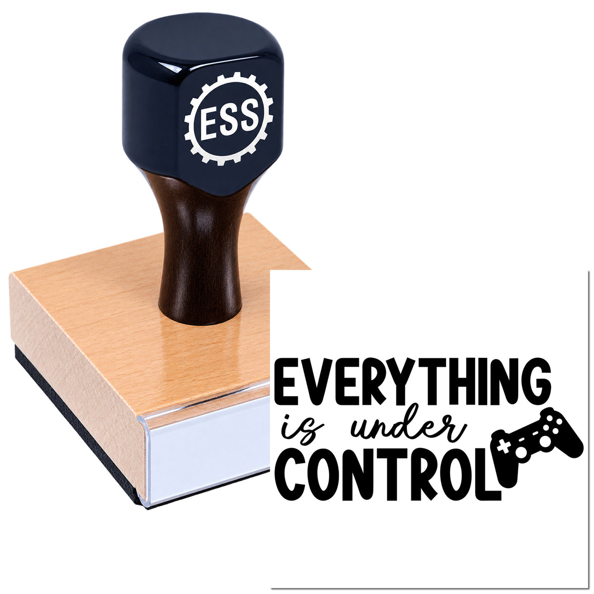 Black ESS stamp seal on pink wooden block with "Everything is under control" text and game controller icon.