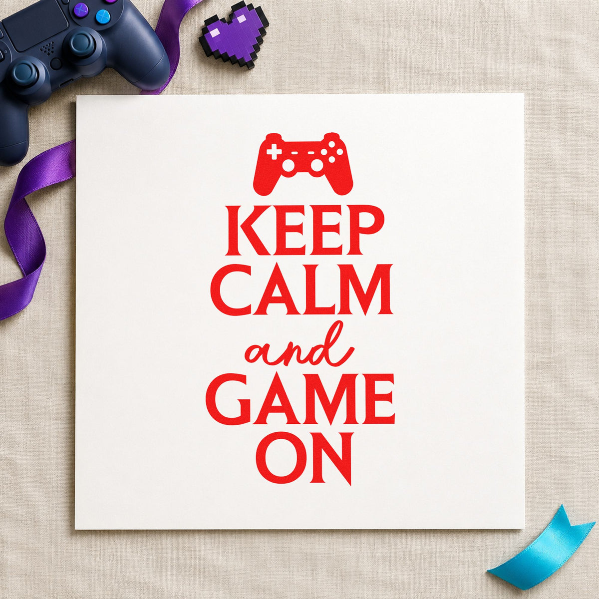 Keep Calm Game On rubber stamp shown in red ink, stamped for projects such as bin console labels.