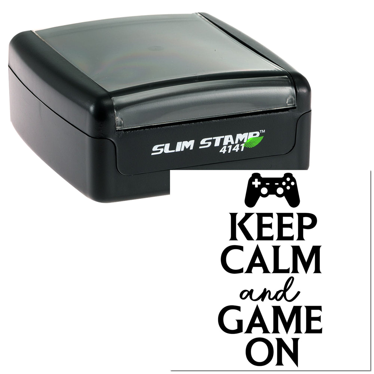 Black Slim Stamp 4141 self-inking stamp and Keep Calm and Game On seal with game controller icon on white background.