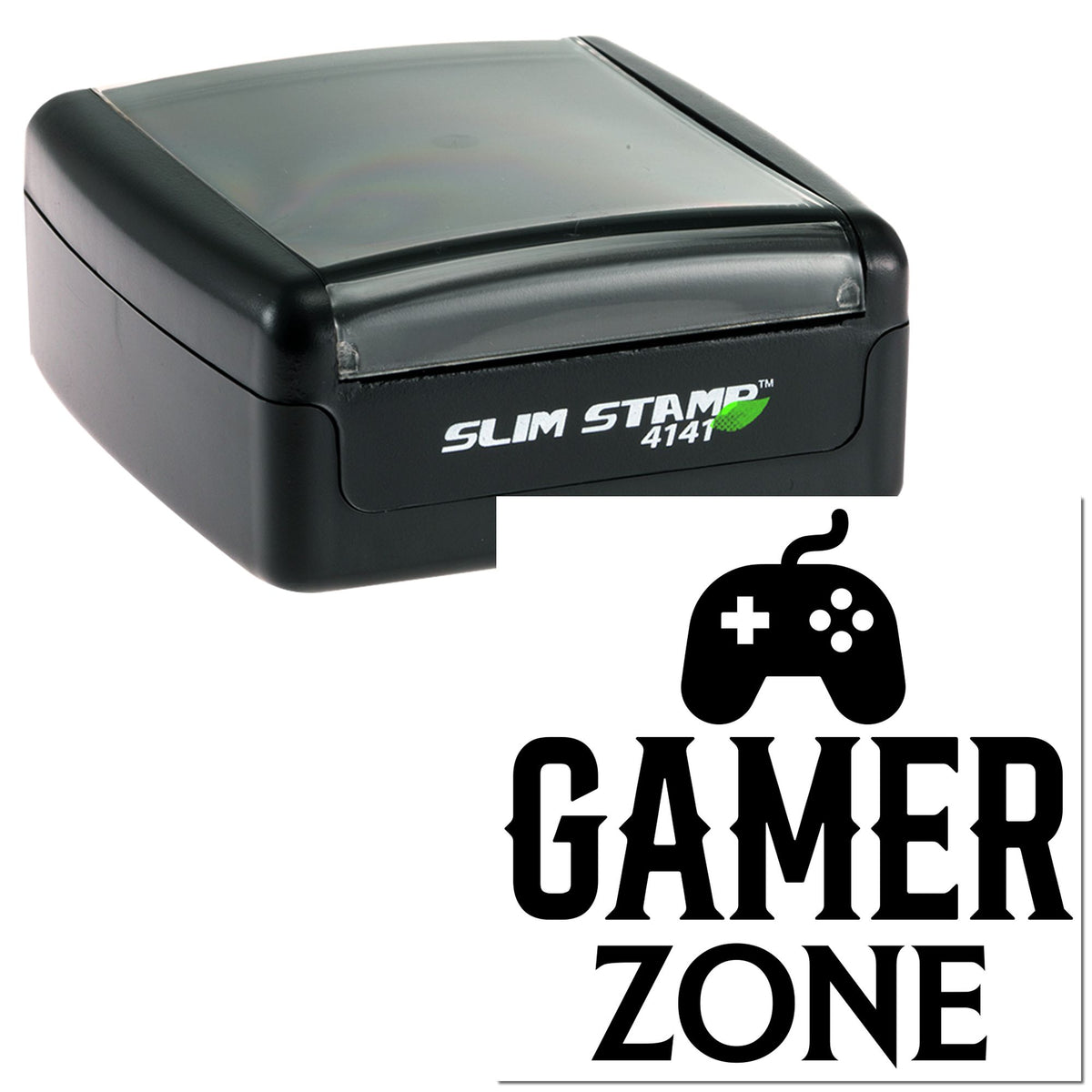 Black Slim Stamp 4141 self-inking stamp and Gamer Zone seal with gamepad icon and bold lettering.