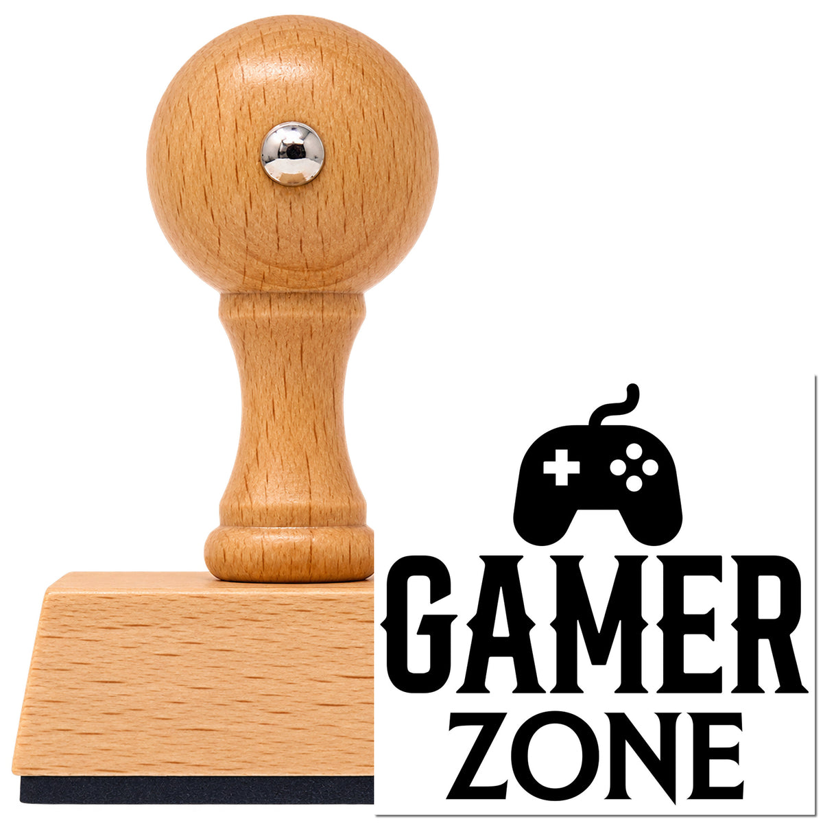 Vintage Pro beech wood stamp with a round knob handle, shown with its black Gamer Zone Wired Controller imprint on white.