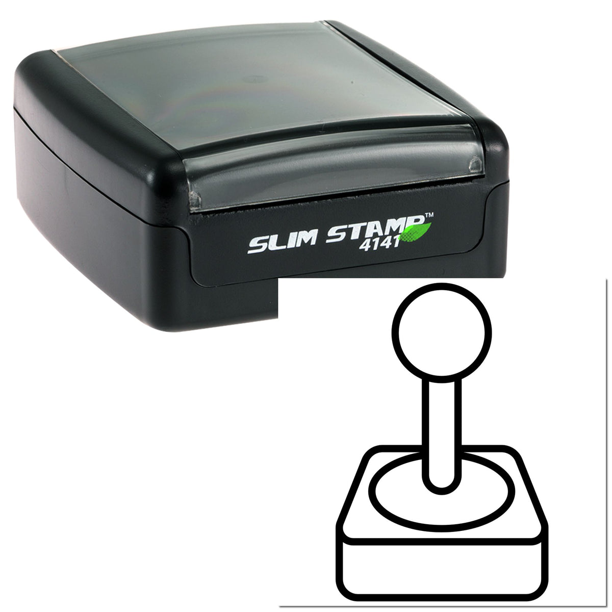 Black Slim Stamp 4141 self-inking stamp and seal with translucent gray top and circular seal icon