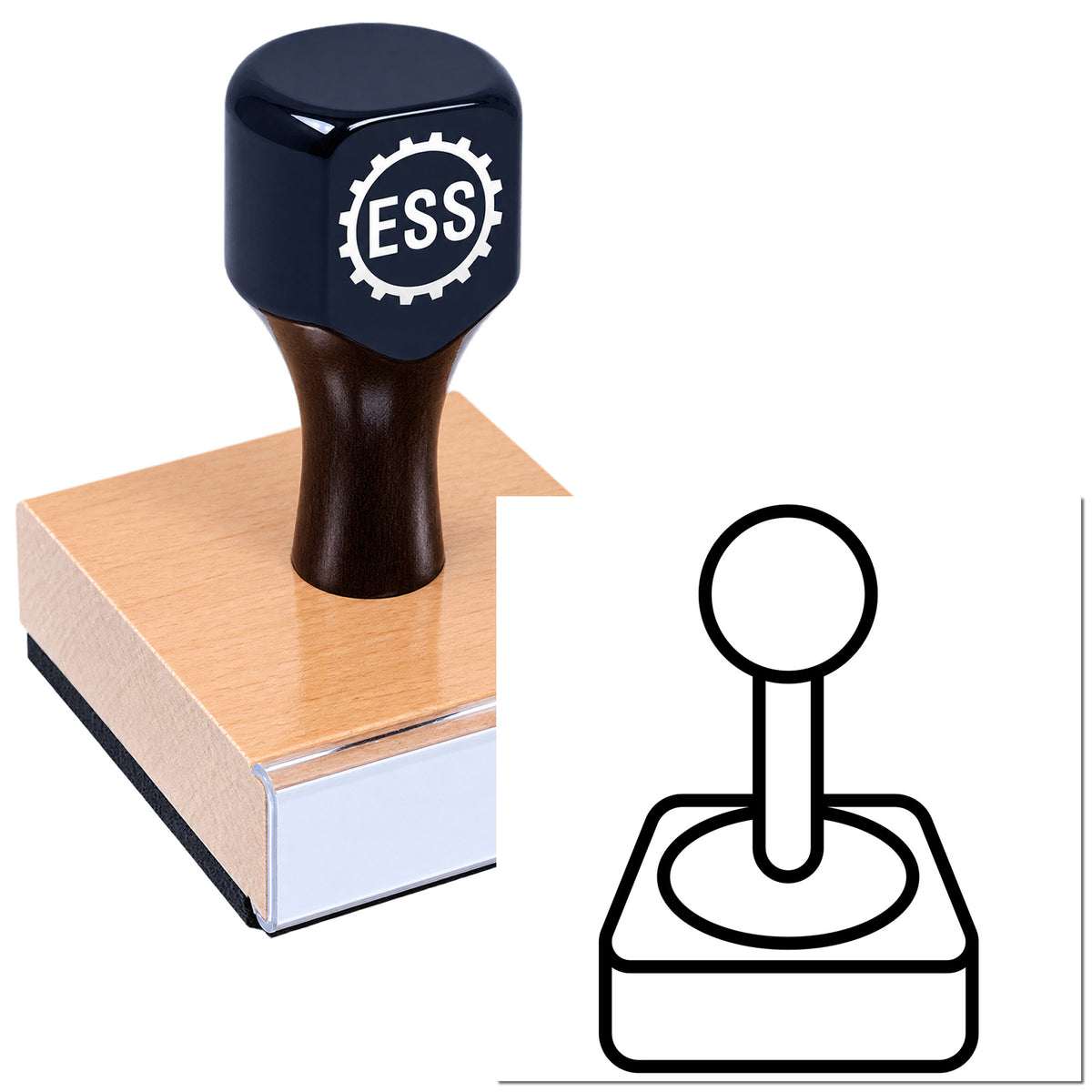 Black rubber stamp with ESS logo on copper pad, beside a simple line icon of a stamp and seal product