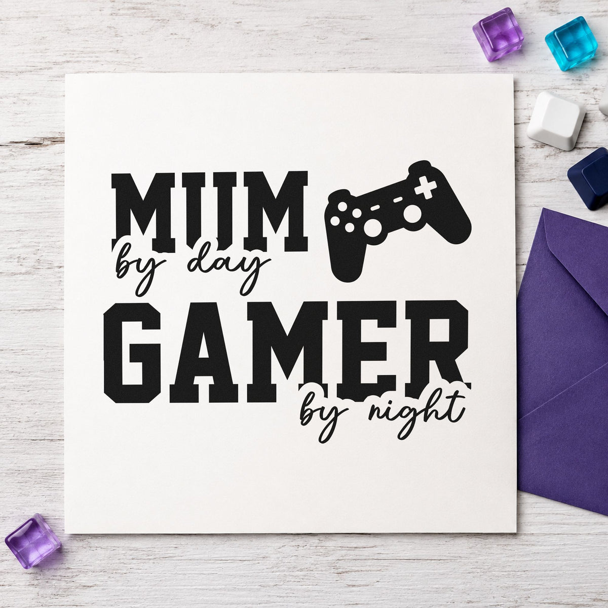 Mum Day Gamer Night rubber stamp printed in black ink, ready for evening plan sheet and similar paper crafts.