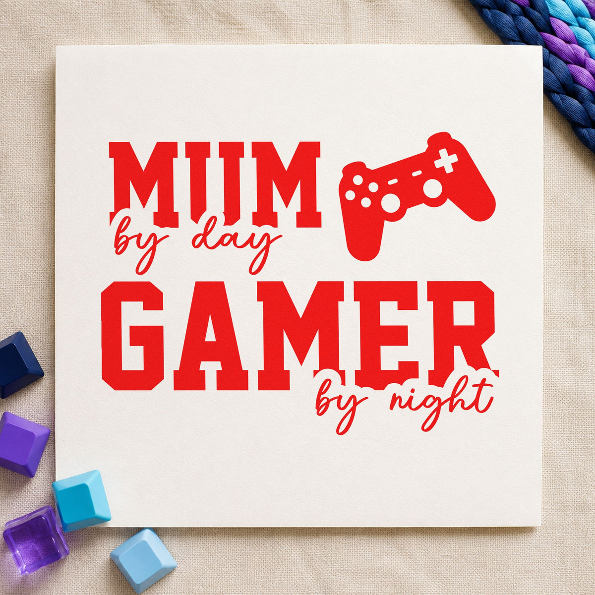 Mum Day Gamer Night craft stamp imprint in red ink on a handmade project, one idea being game queue cards.