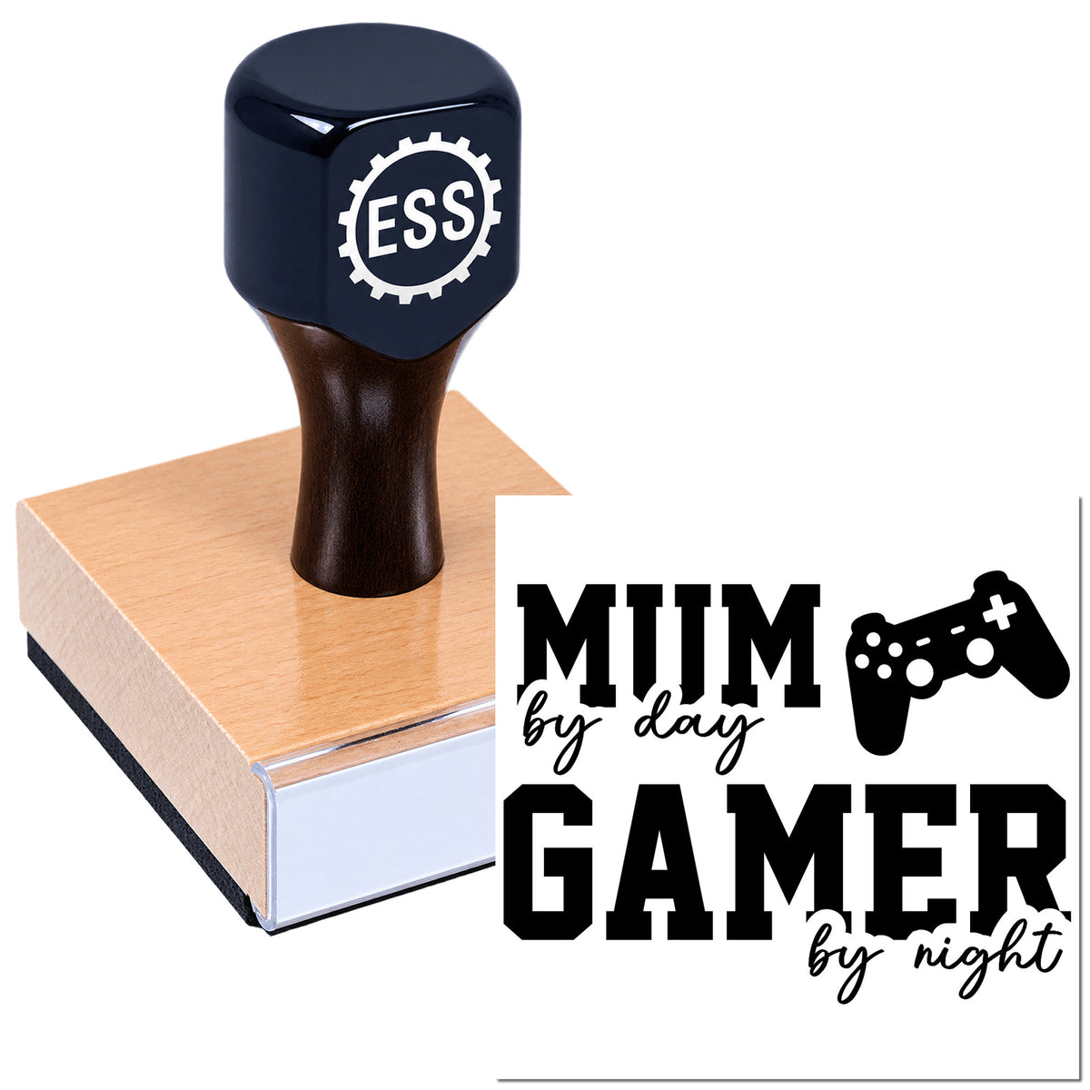 Black custom rubber stamp with wooden handle and gamer seal design, reading "MUM by day GAMER by night" with game controller.