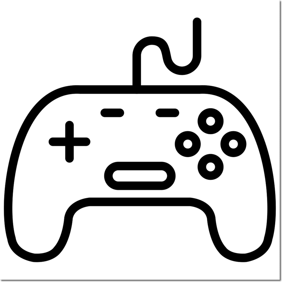 Black outline game controller stamp and seal icon with buttons, joystick, and cable on white background.