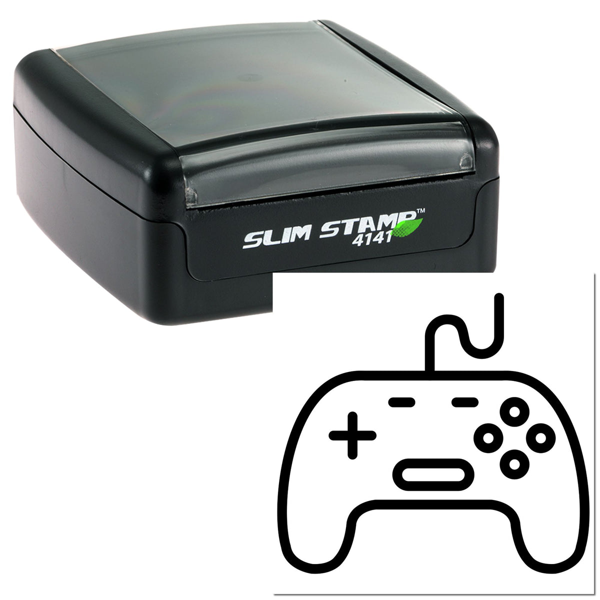Black Slim Stamp 4141 self-inking stamp with translucent gray lid and a bold black game controller seal icon.