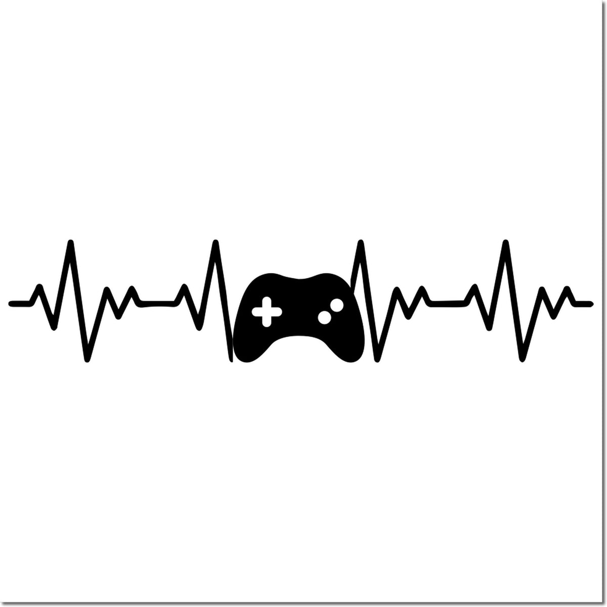 Black heartbeat line with game controller icon, rubber stamp and seal design on white background