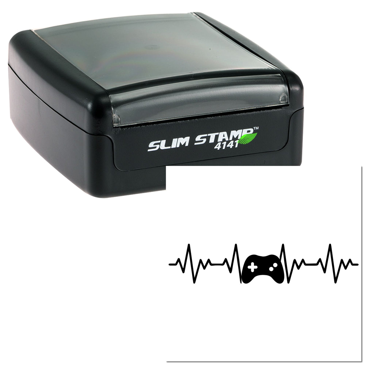 Black Slim Stamp 4141 self-inking stamp and seal case with heartbeat line game controller icon on white background.
