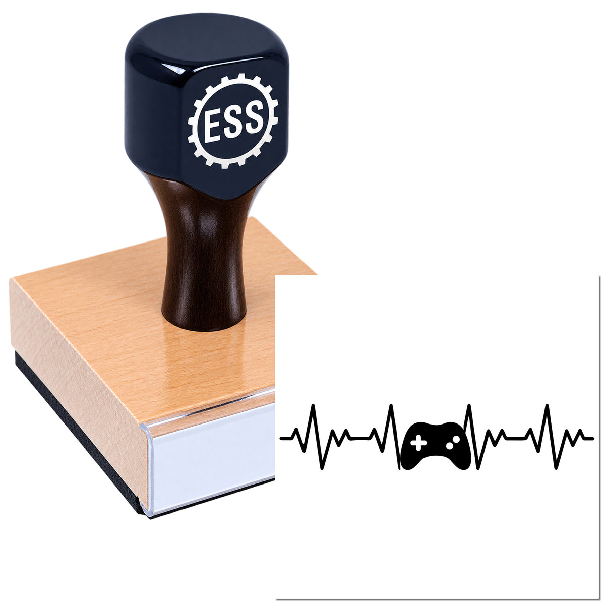 Dark blue rubber stamp and pink wooden seal block with ESS gear logo, beside a black heartbeat-line game icon.