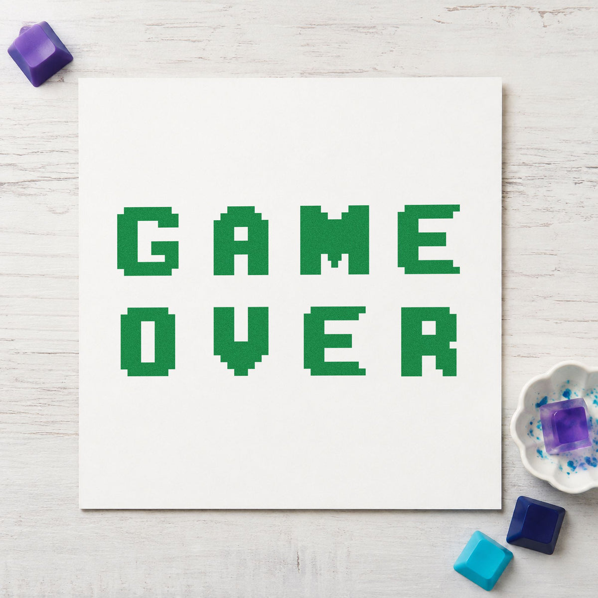Game Over Pixel Lettering craft stamp in green ink on cardstock, an easy option for final night album page.