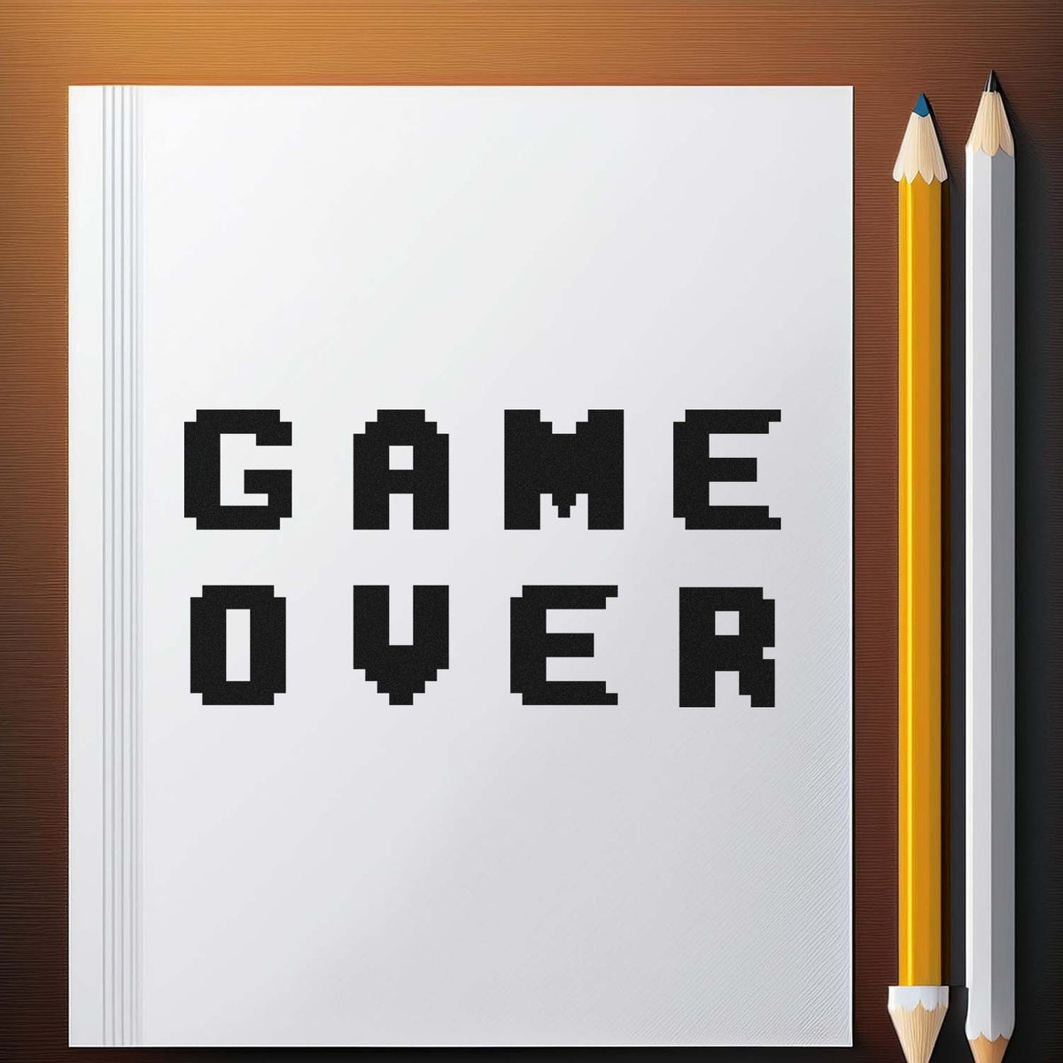Black GAME OVER stamp and seal on white notebook, with yellow and white pencils on a brown desk.