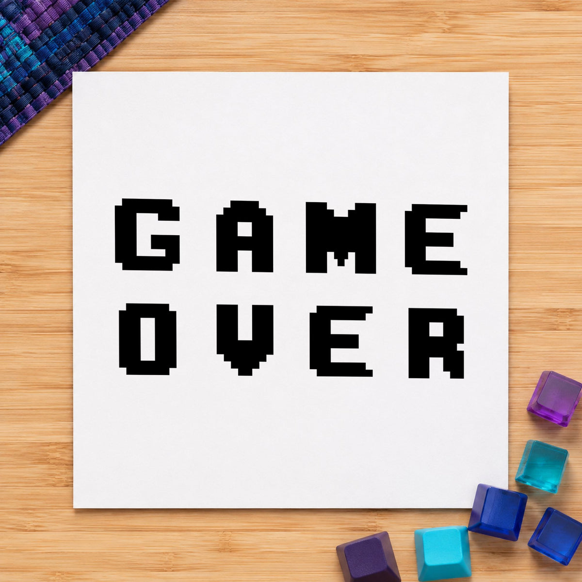 Game Over Pixel Lettering rubber stamp printed in black ink, ready for pixel capital cards and similar paper crafts.