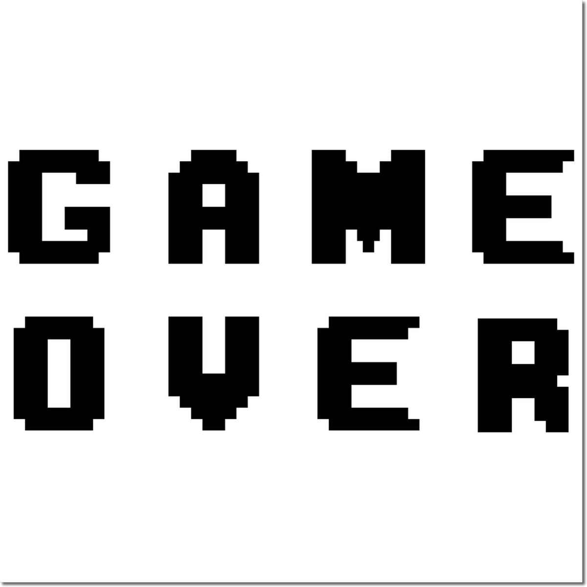 Black pixelated GAME OVER stamp text in bold black on white, retro seal style.