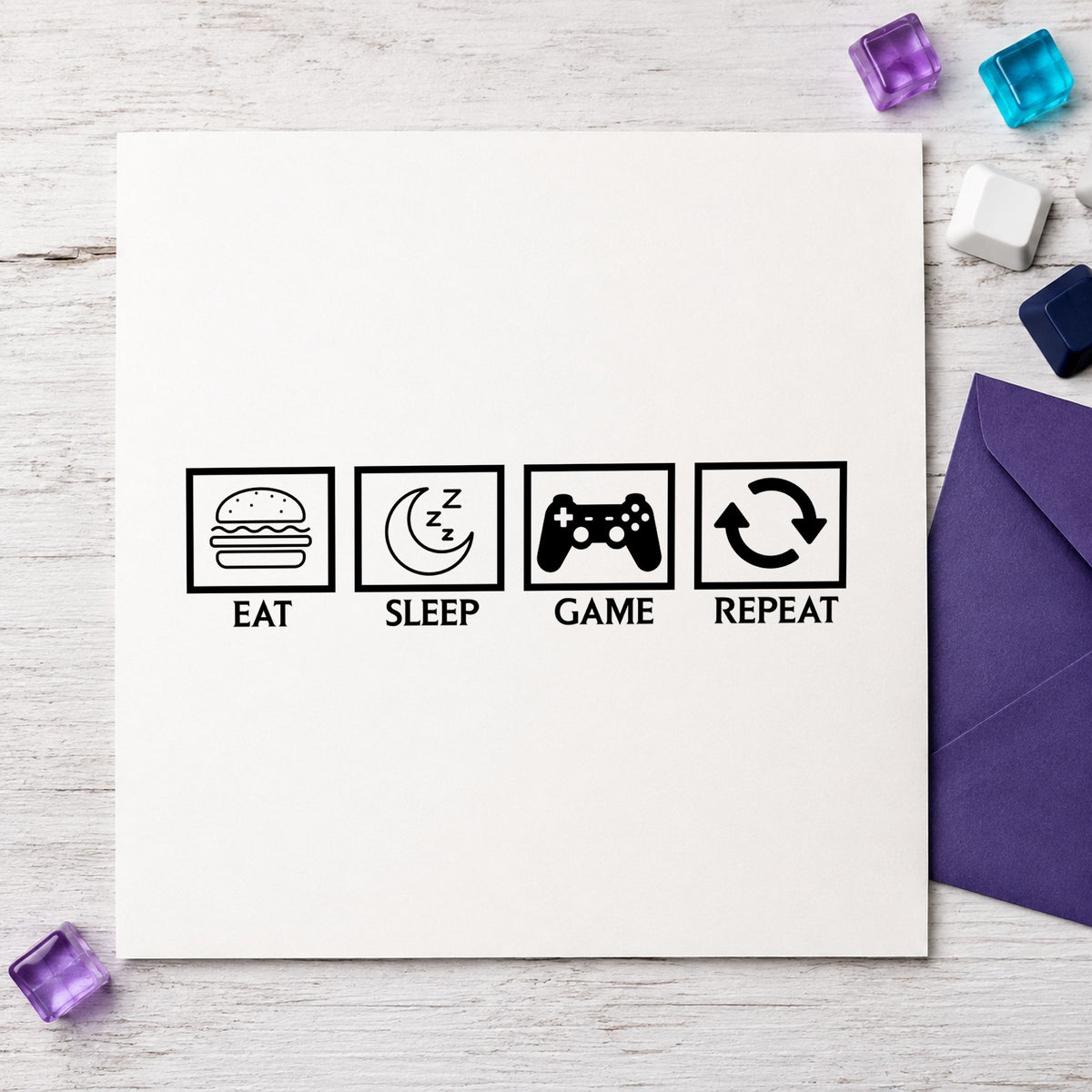 Eat Sleep Game Repeat craft stamp in black ink on cardstock, an easy option for halls year album page.