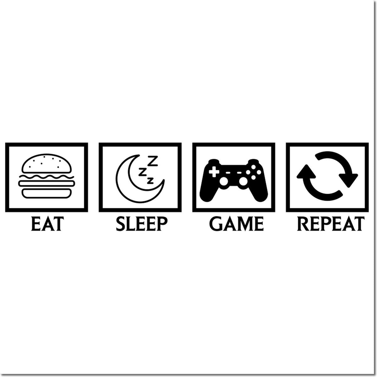 Set of black stamp-style seals reading EAT, SLEEP, GAME, REPEAT with burger, moon, gamepad, and refresh icons
