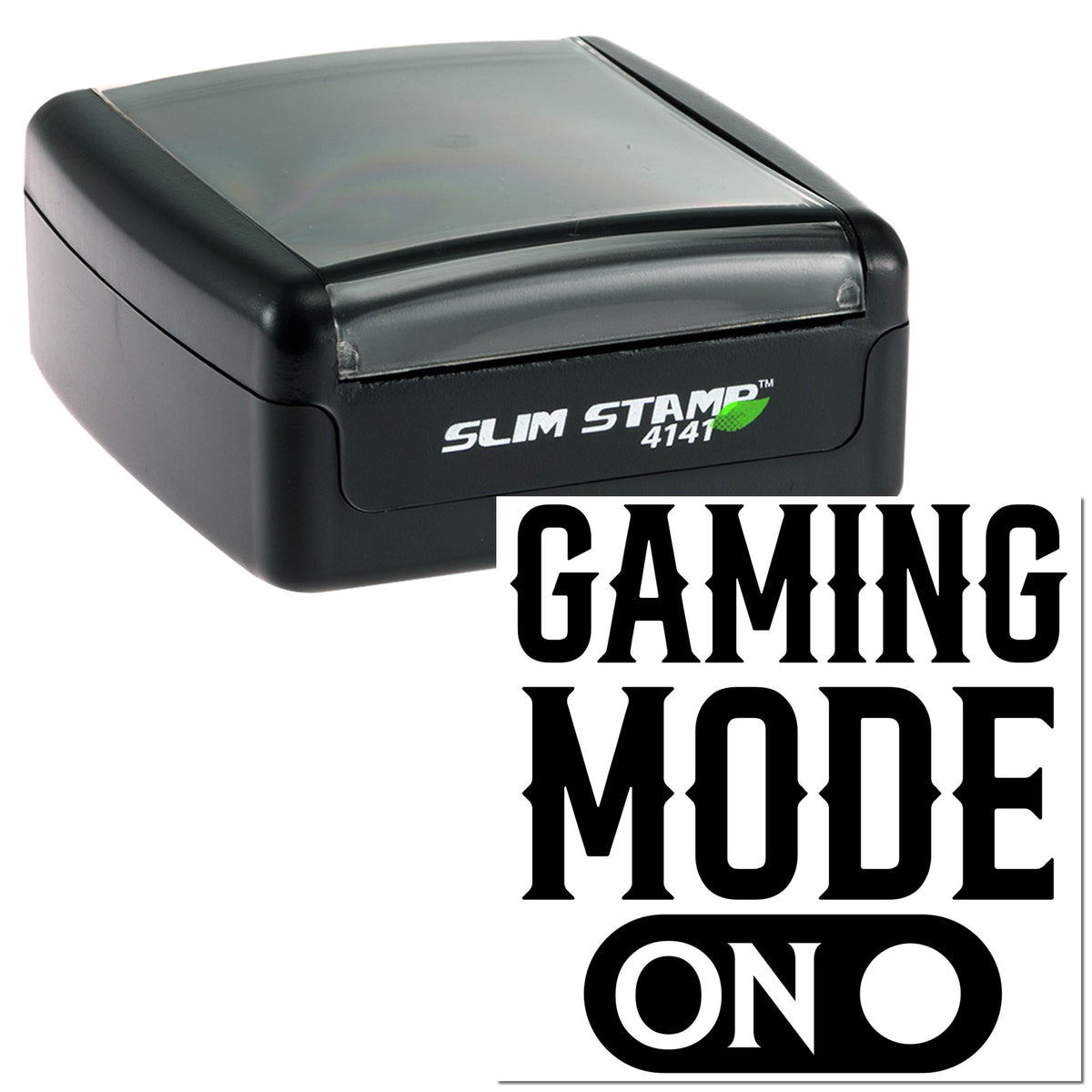 Black Slim Stamp 4141 self-inking stamp with clear gray top and green accent, showing bold Gaming Mode On text.