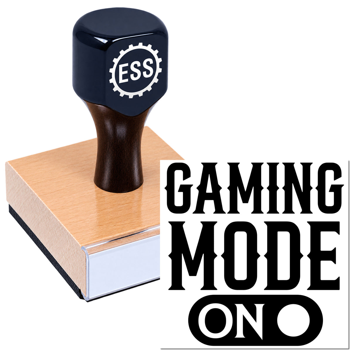 Dark blue ESS rubber stamp seal on a pink block with black "GAMING MODE ON" text
