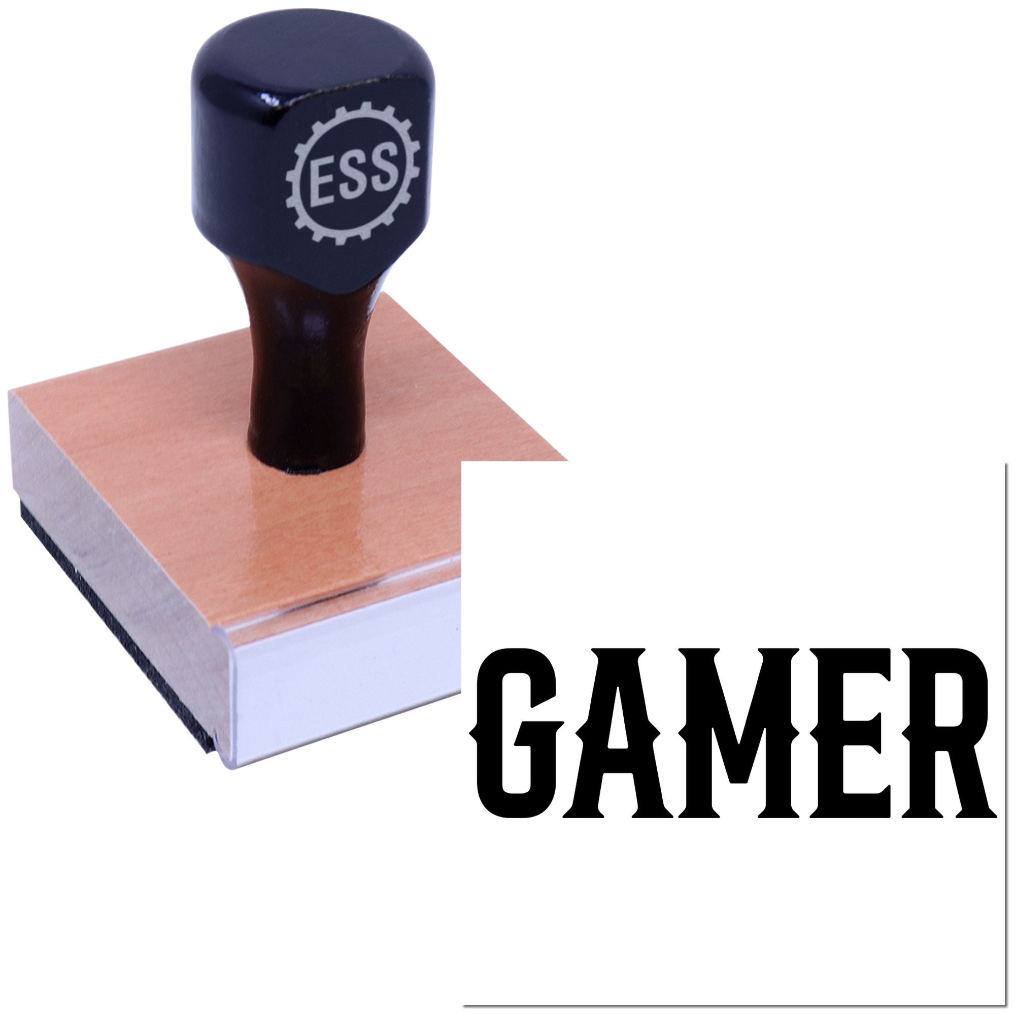 Dark navy ESS self-inking stamp with copper seal block and bold black GAMER imprint text.