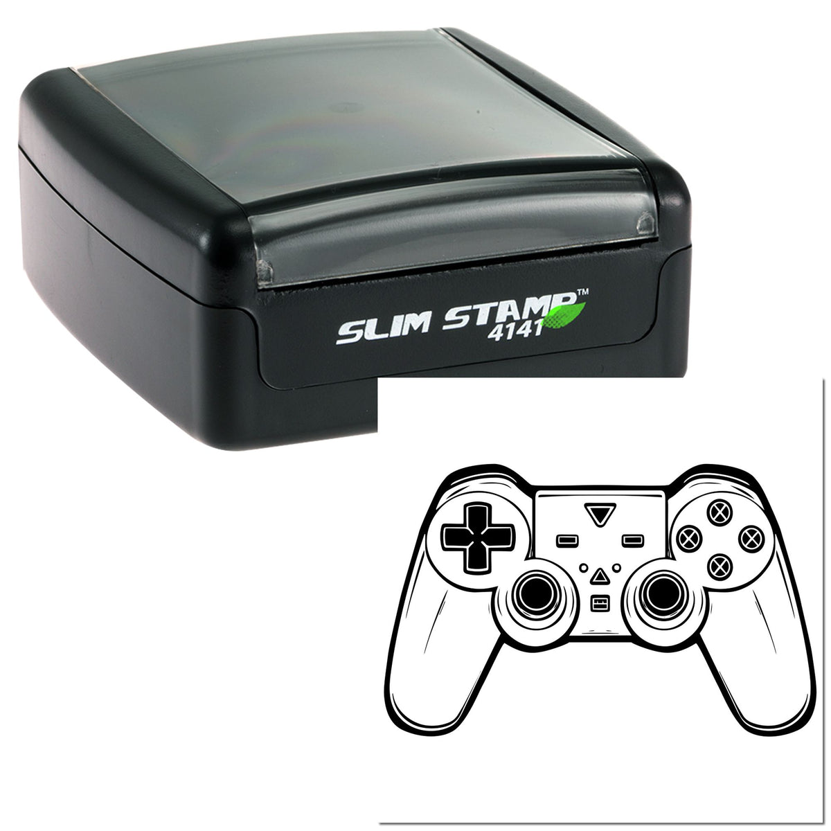 Black Slim Stamp 4141 self-inking stamp with custom game controller seal design