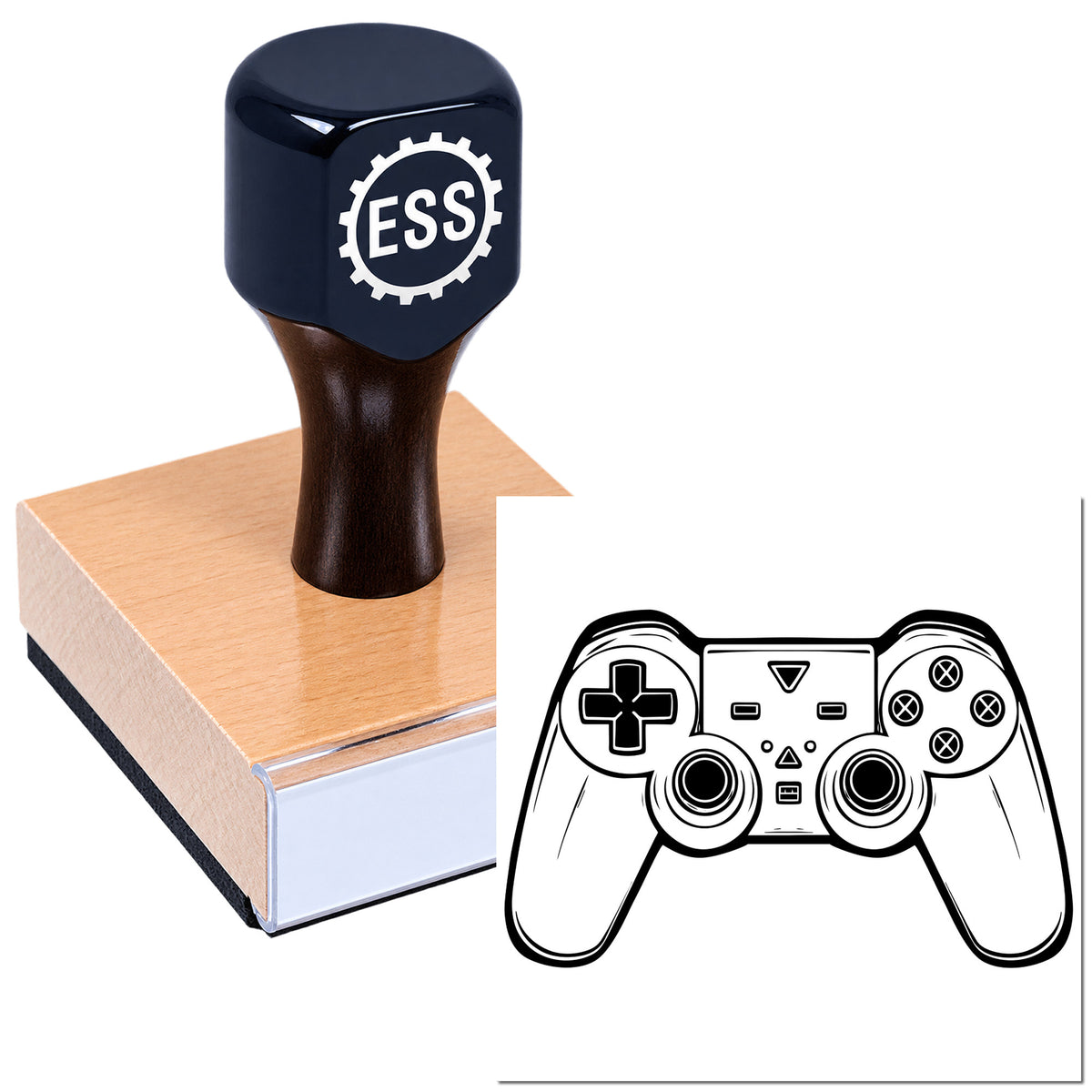 Black ESS stamp on a pink wooden seal block, with a black-and-white game controller seal graphic.