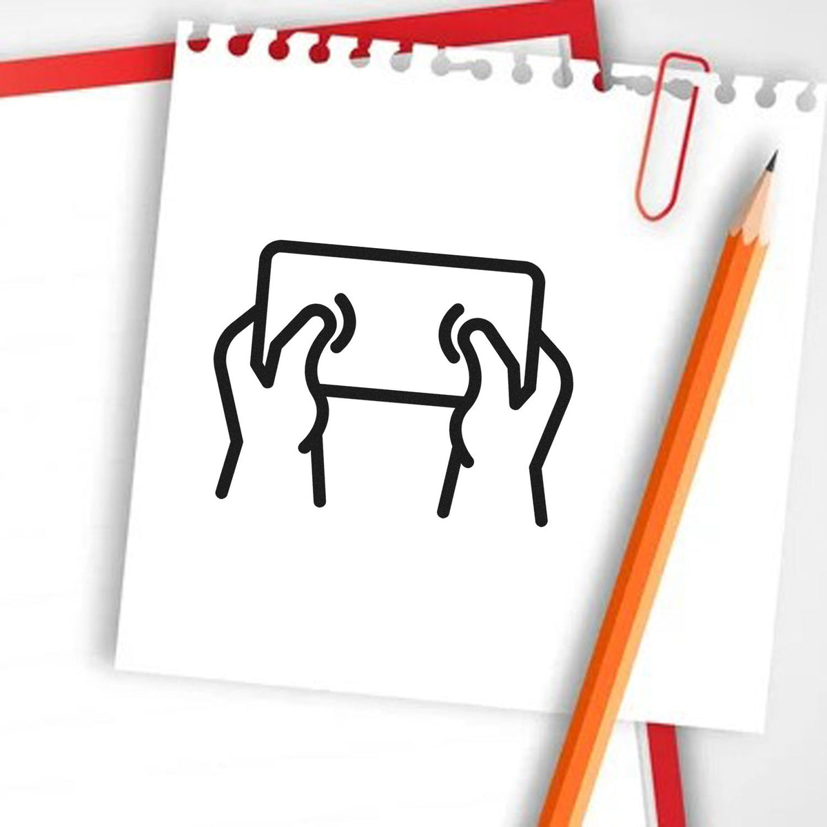 White notepad with black stamp-and-seal icon, red paperclip, and orange pencil on a red-accented background.