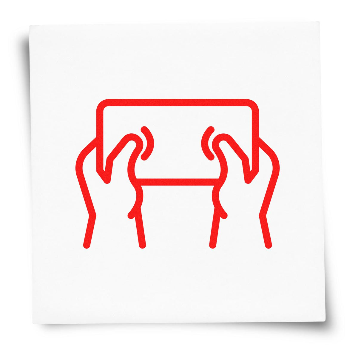Red line-art rubber stamp and seal icon with hands holding a rectangular stamp block on a white background.