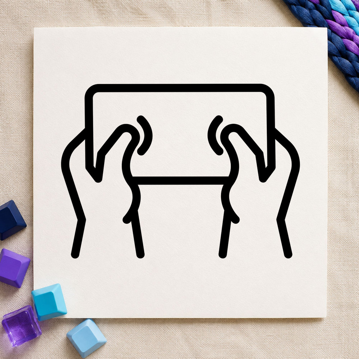 Hands Holding Outlined Tablet rubber stamp printed in black ink, ready for daily limit sheet and similar paper crafts.