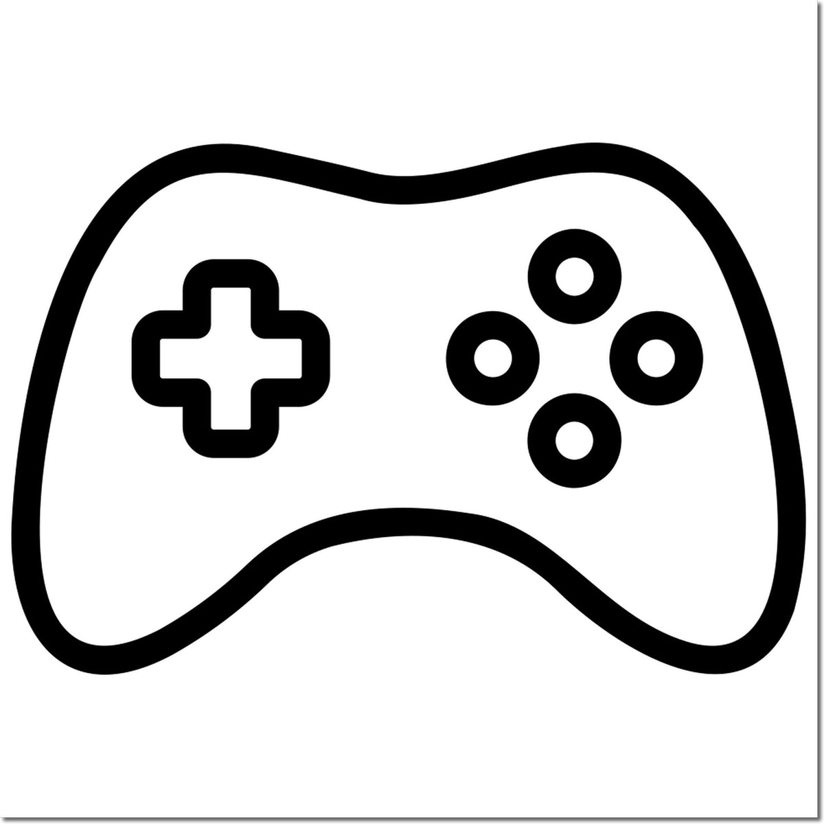 Black game controller stamp and seal icon with plus symbol and four buttons, outlined in black on a white background.