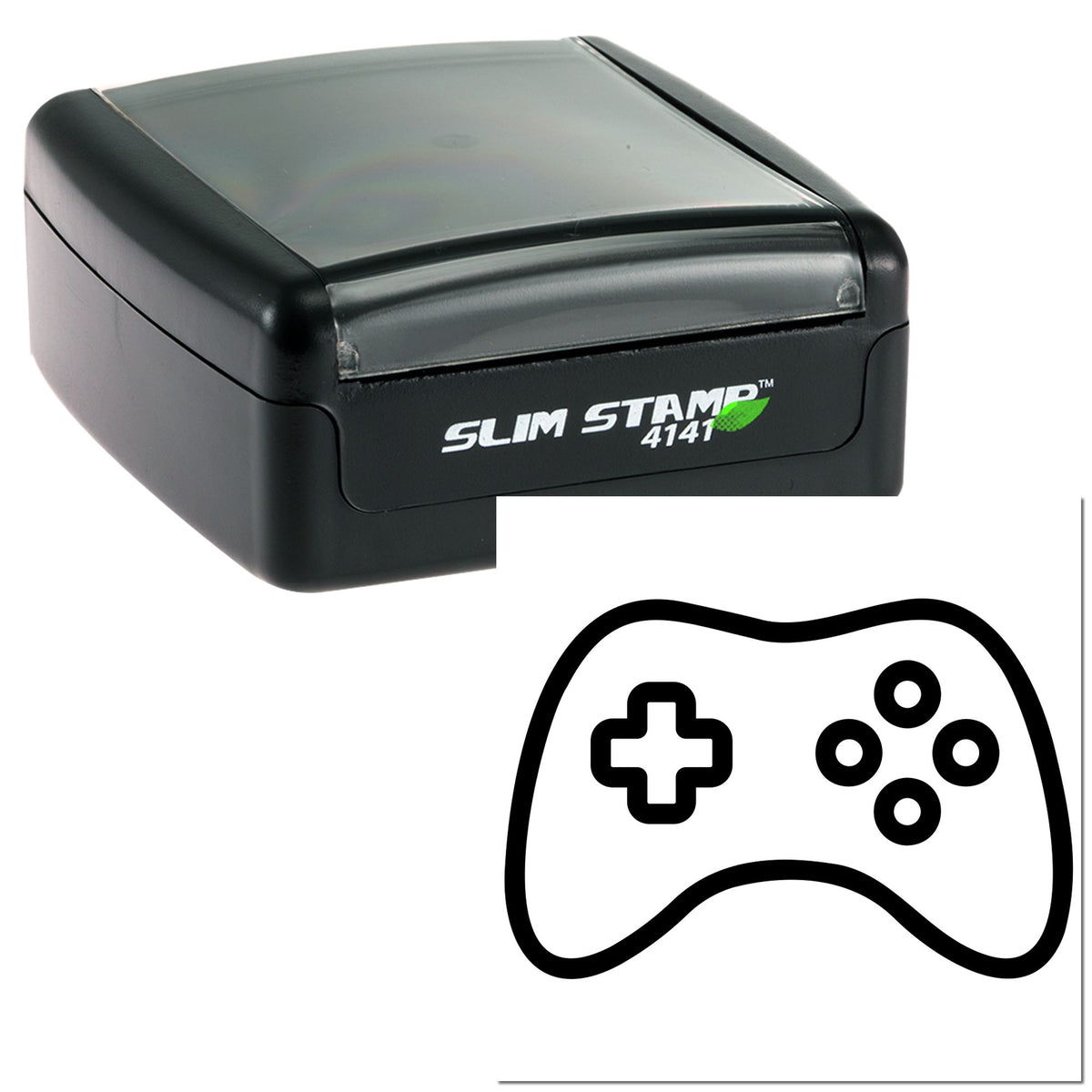 Black and gray Slim Stamp 4141 self-inking stamp with game controller seal icon and cross buttons.
